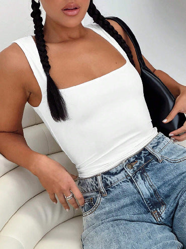Sleek Square Neck Cropped Tank Top - White - 3