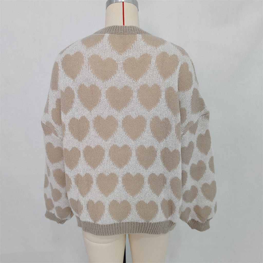 Heart Jacquard Balloon Sleeve Knit Sweater - Khaki - 1