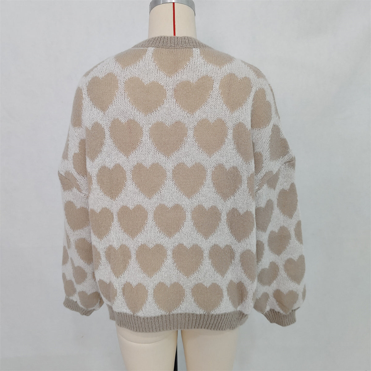Heart Jacquard Balloon Sleeve Knit Sweater - Khaki - 1