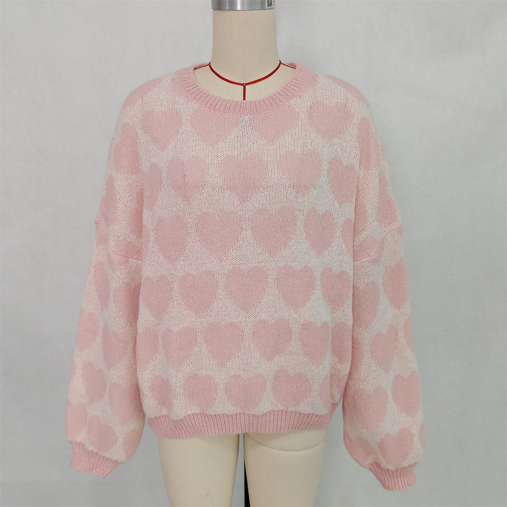 Heart Jacquard Balloon Sleeve Knit Sweater - Pink