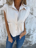 Cap Sleeve Patch Pocket Linen Shirt - Beige