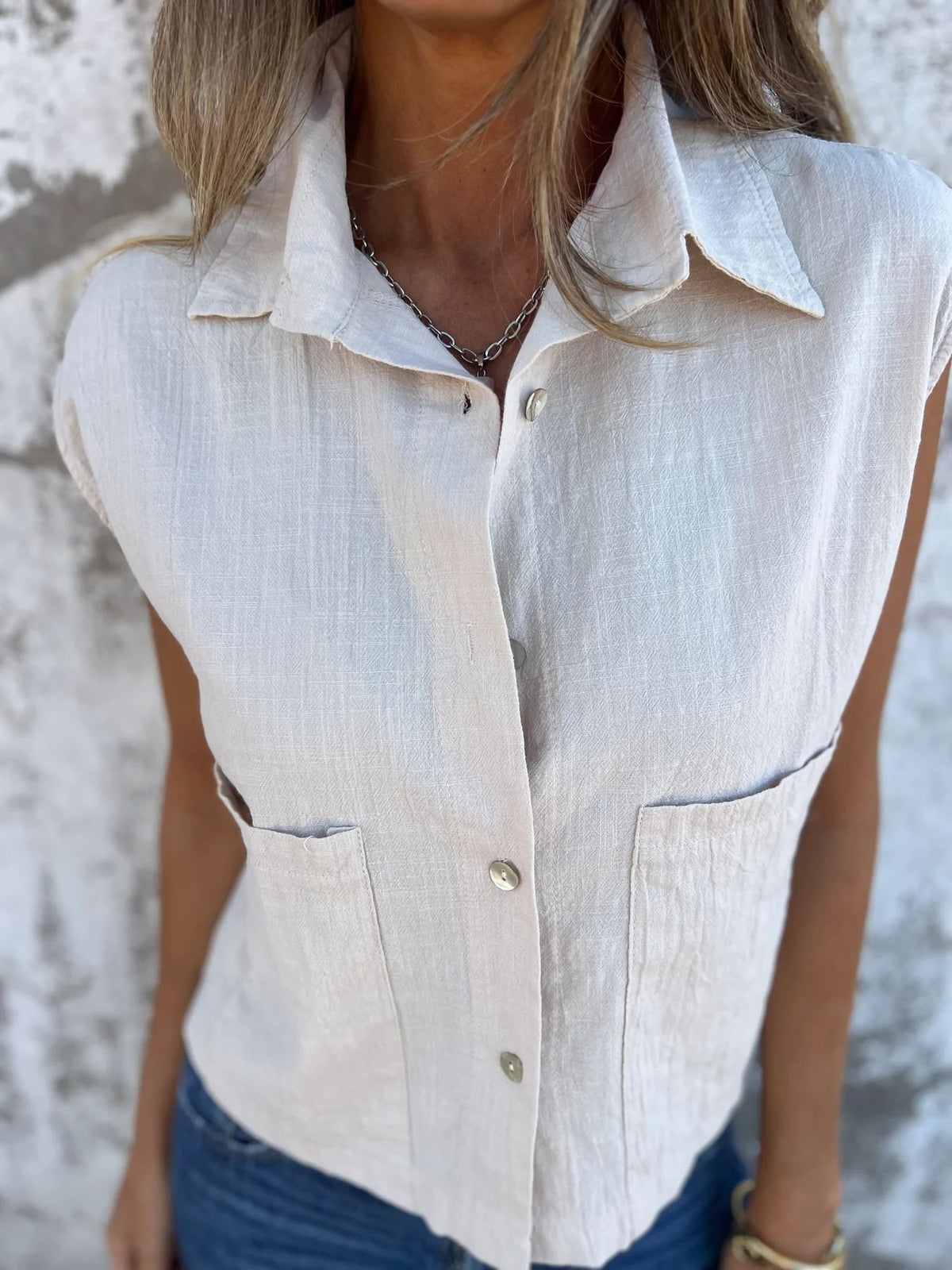 Cap Sleeve Patch Pocket Linen Shirt - Beige - 1
