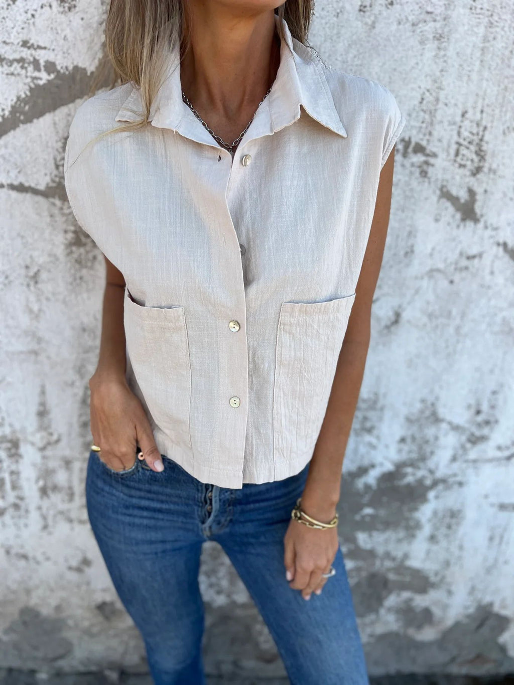 Cap Sleeve Patch Pocket Linen Shirt - Beige - 2