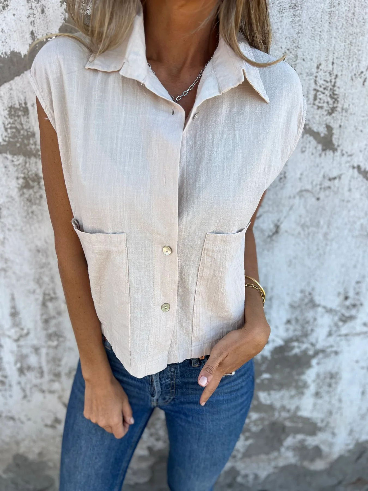 Cap Sleeve Patch Pocket Linen Shirt - Beige - 3