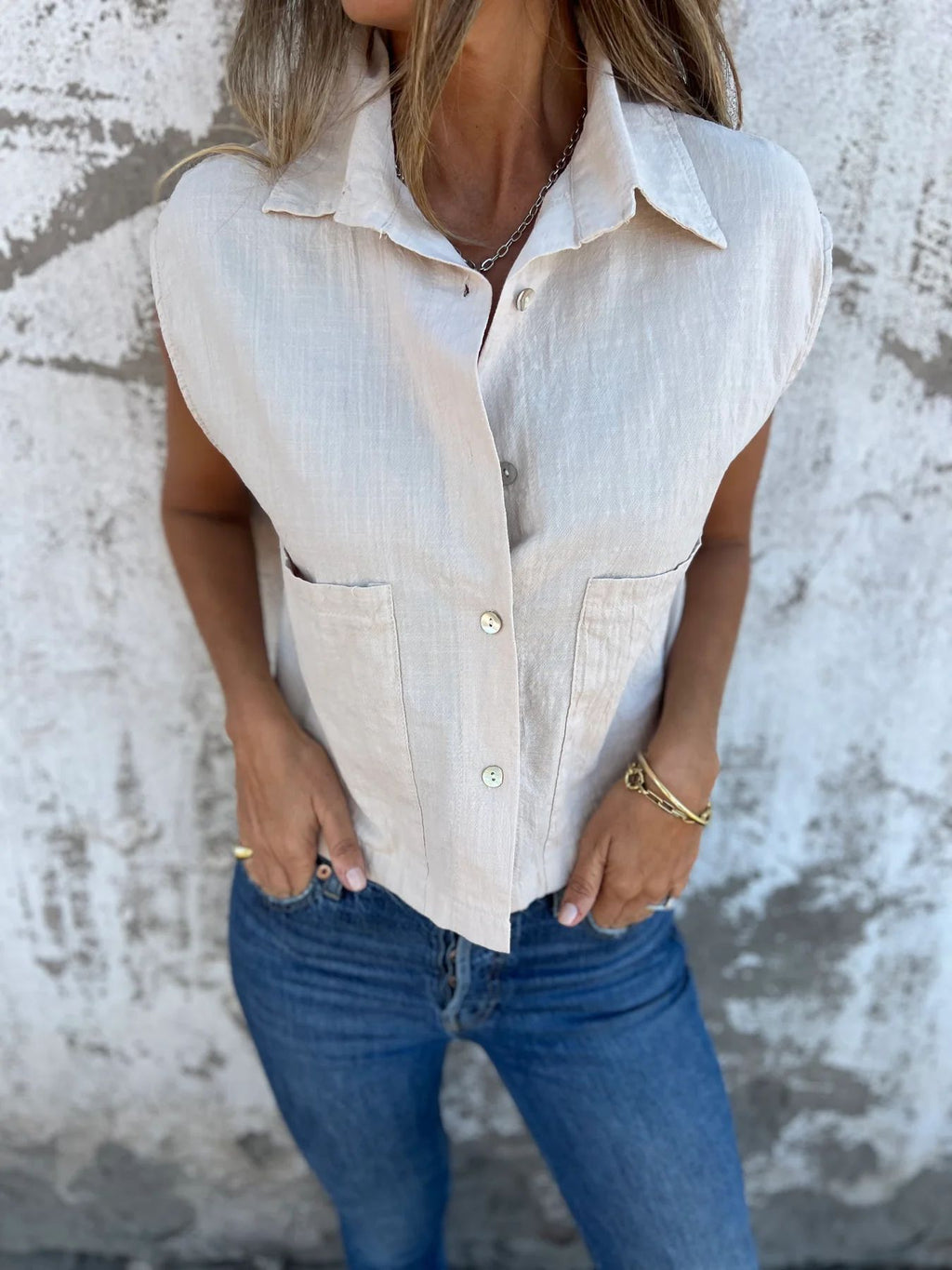 Cap Sleeve Patch Pocket Linen Shirt - Beige - 4