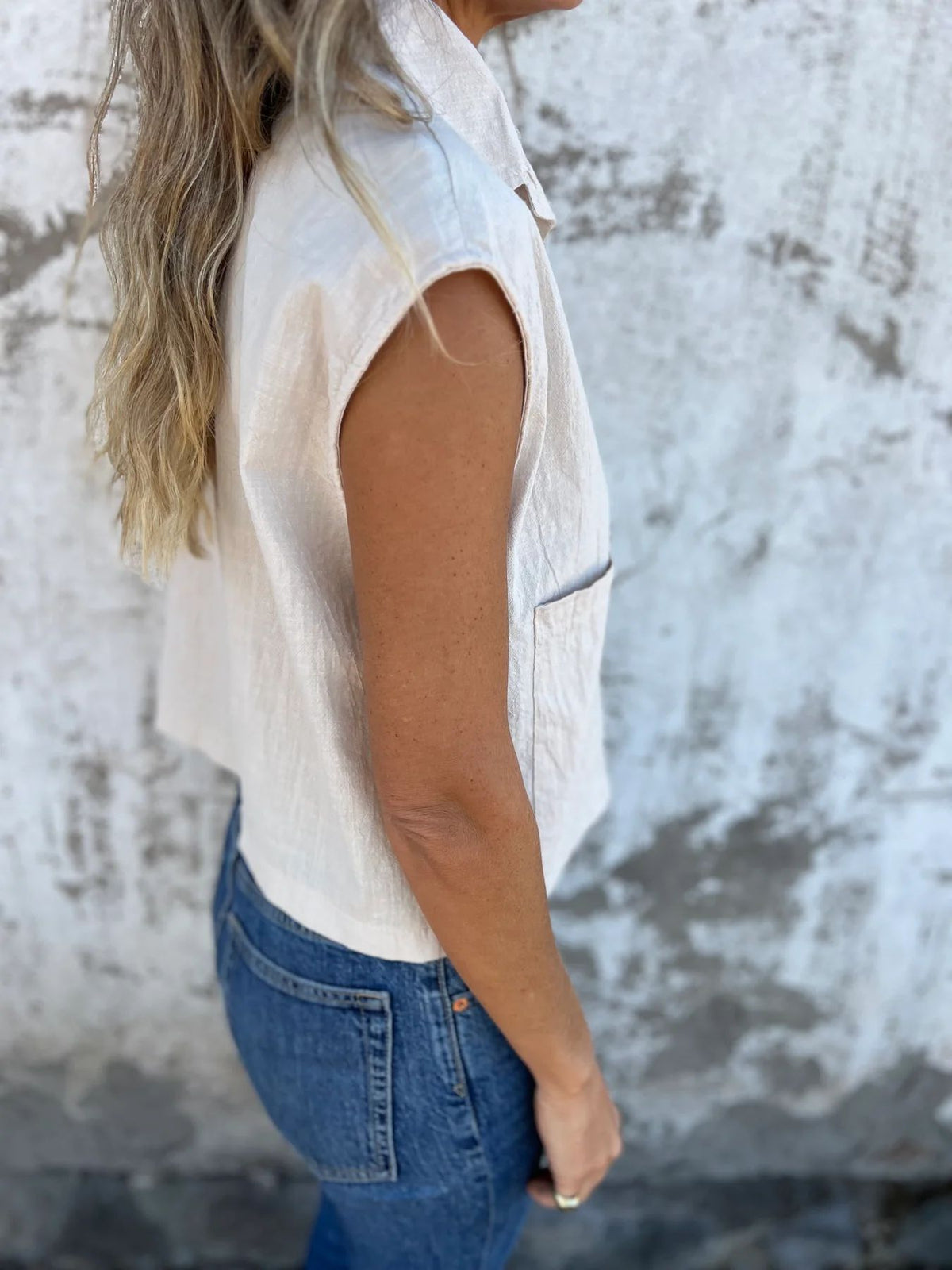 Cap Sleeve Patch Pocket Linen Shirt - Beige - 5
