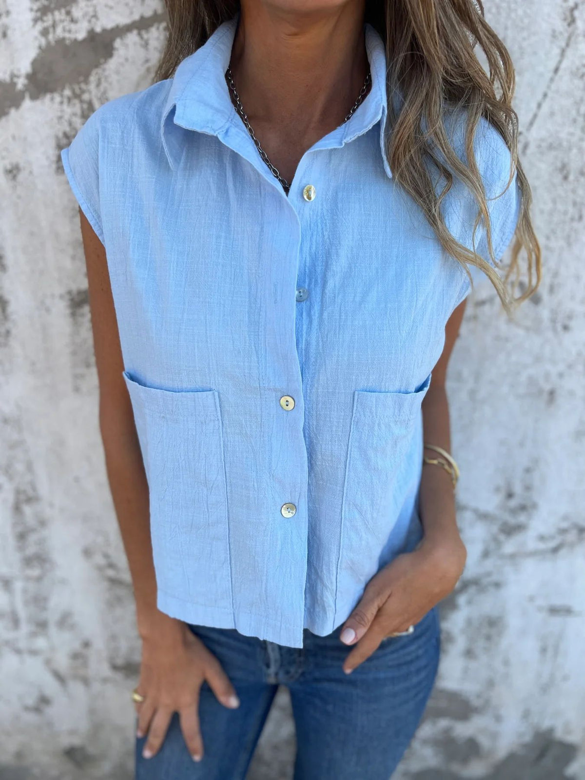 Cap Sleeve Patch Pocket Linen Shirt - Blue