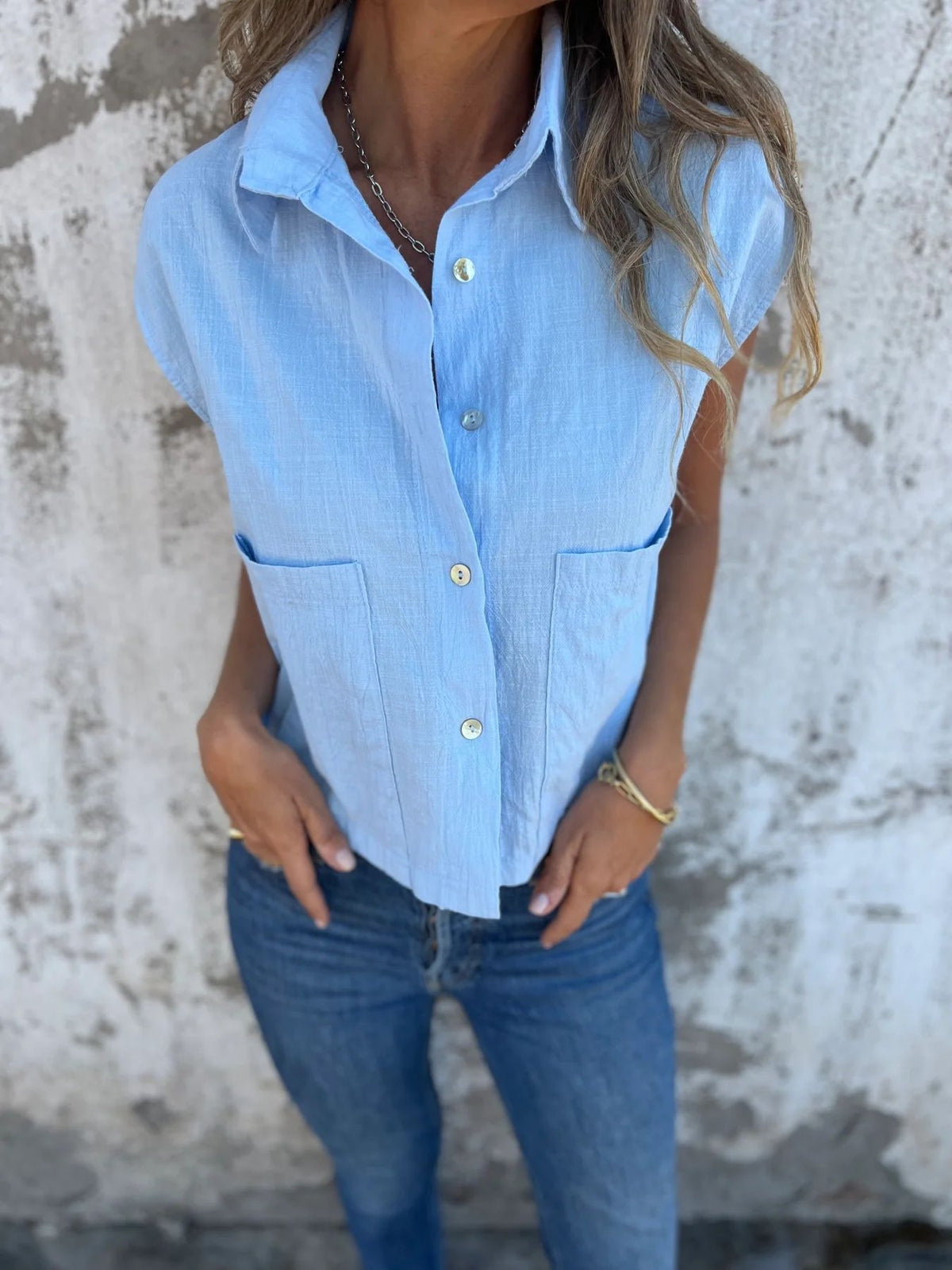 Cap Sleeve Patch Pocket Linen Shirt - Blue - 1