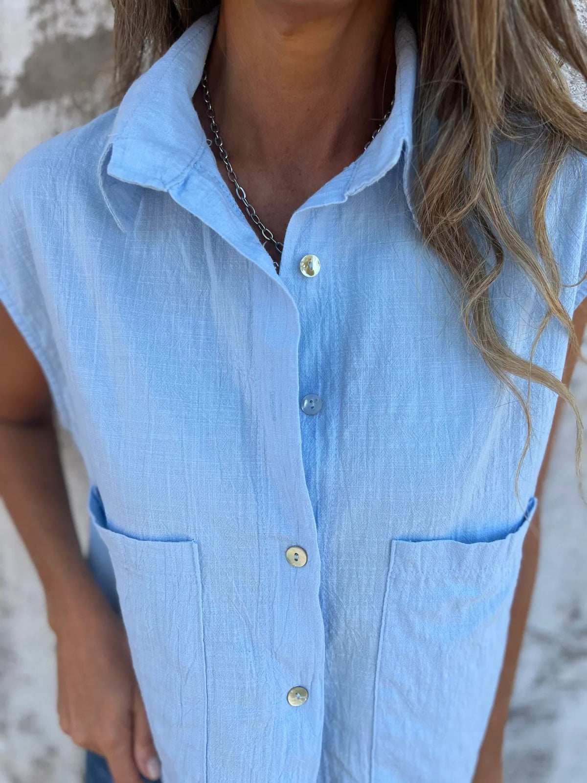 Cap Sleeve Patch Pocket Linen Shirt - Blue - 2