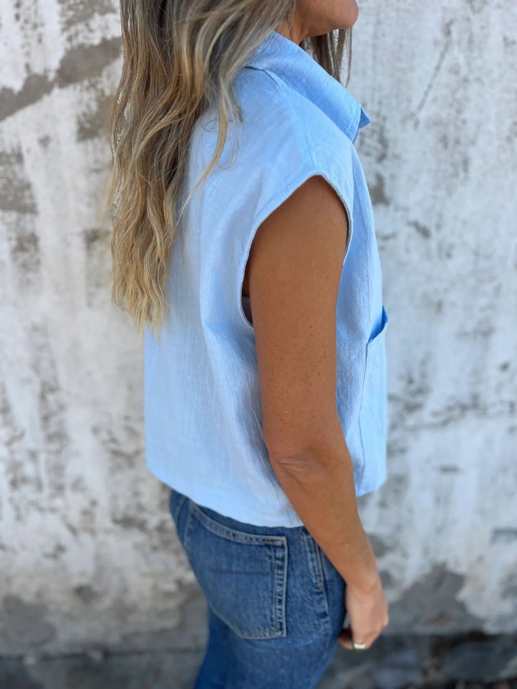 Cap Sleeve Patch Pocket Linen Shirt - Blue - 5
