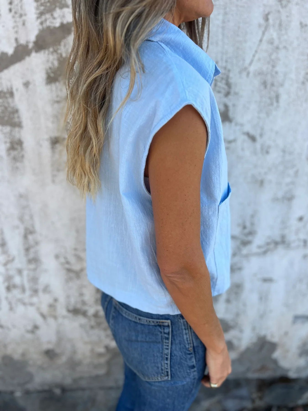 Cap Sleeve Patch Pocket Linen Shirt - Blue - 5
