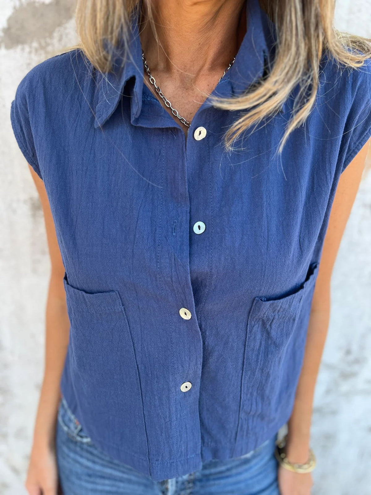 Cap Sleeve Patch Pocket Linen Shirt - Navy - 1