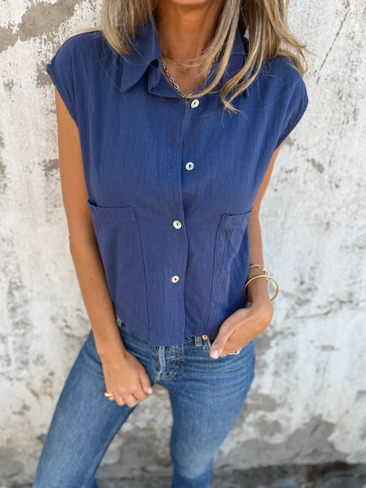 Cap Sleeve Patch Pocket Linen Shirt - Navy - 2