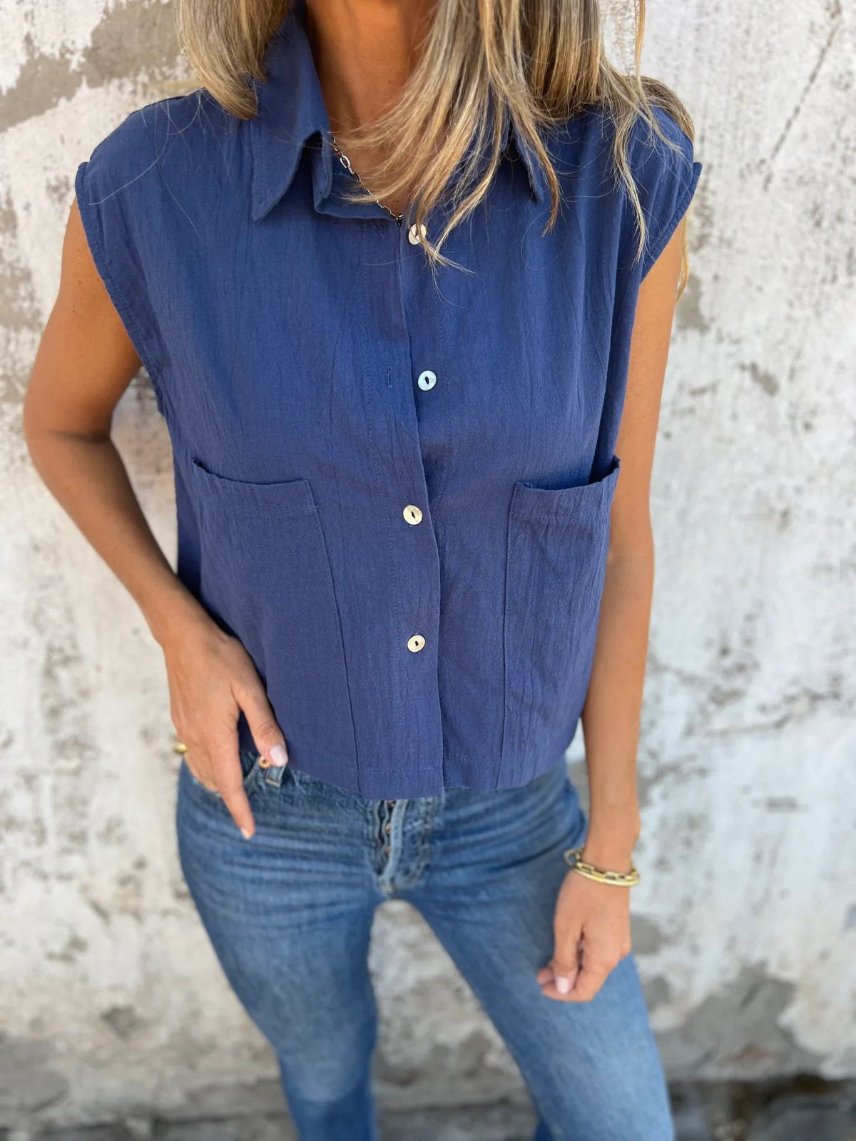 Cap Sleeve Patch Pocket Linen Shirt - Navy - 3