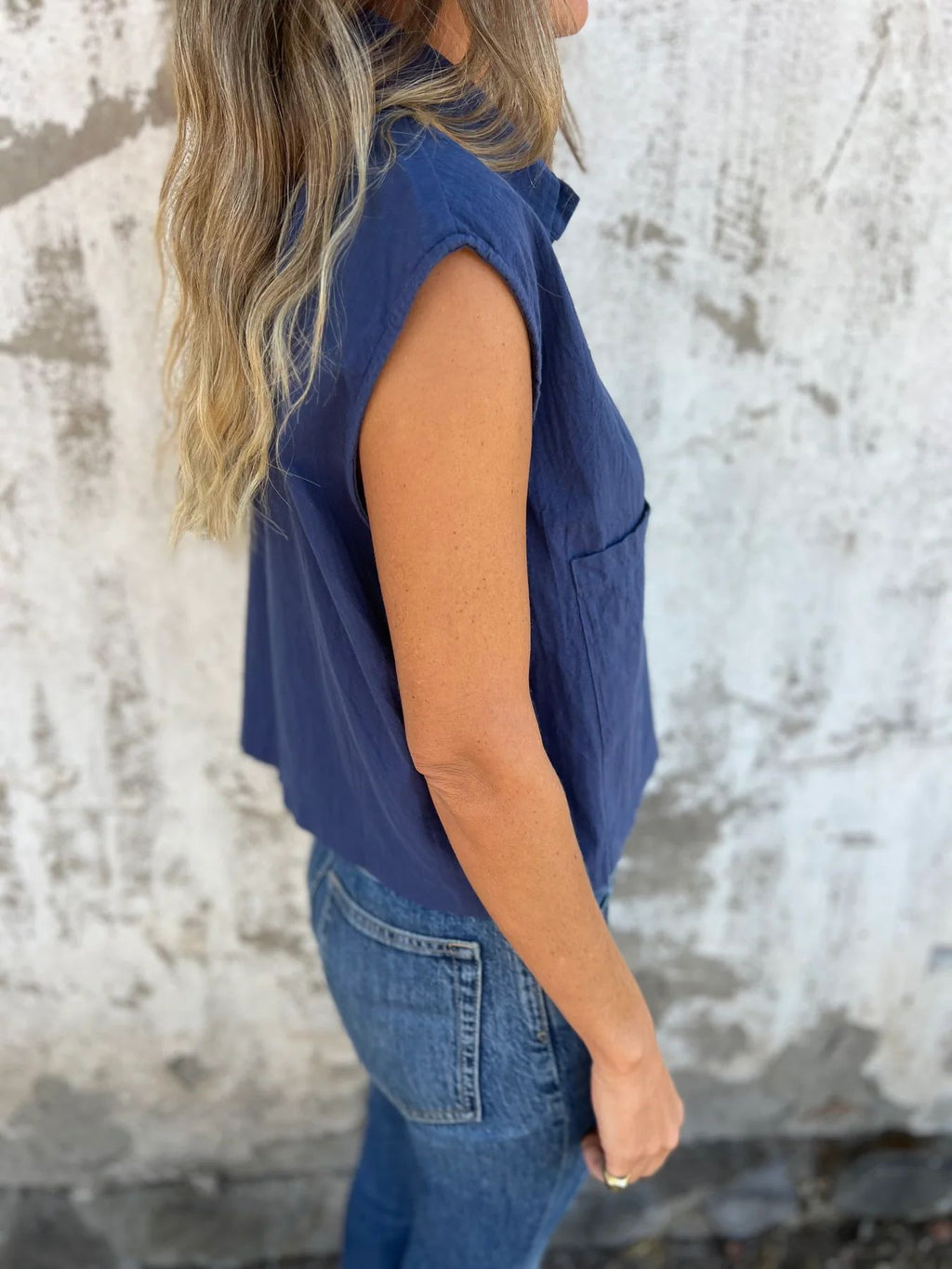 Cap Sleeve Patch Pocket Linen Shirt - Navy - 4