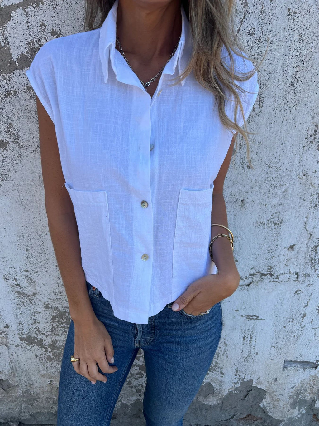 Cap Sleeve Patch Pocket Linen Shirt - White - 1