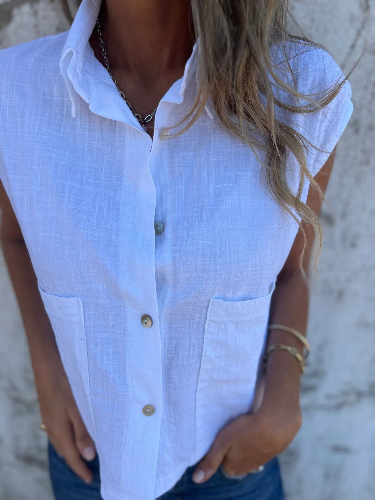 Cap Sleeve Patch Pocket Linen Shirt - White - 2