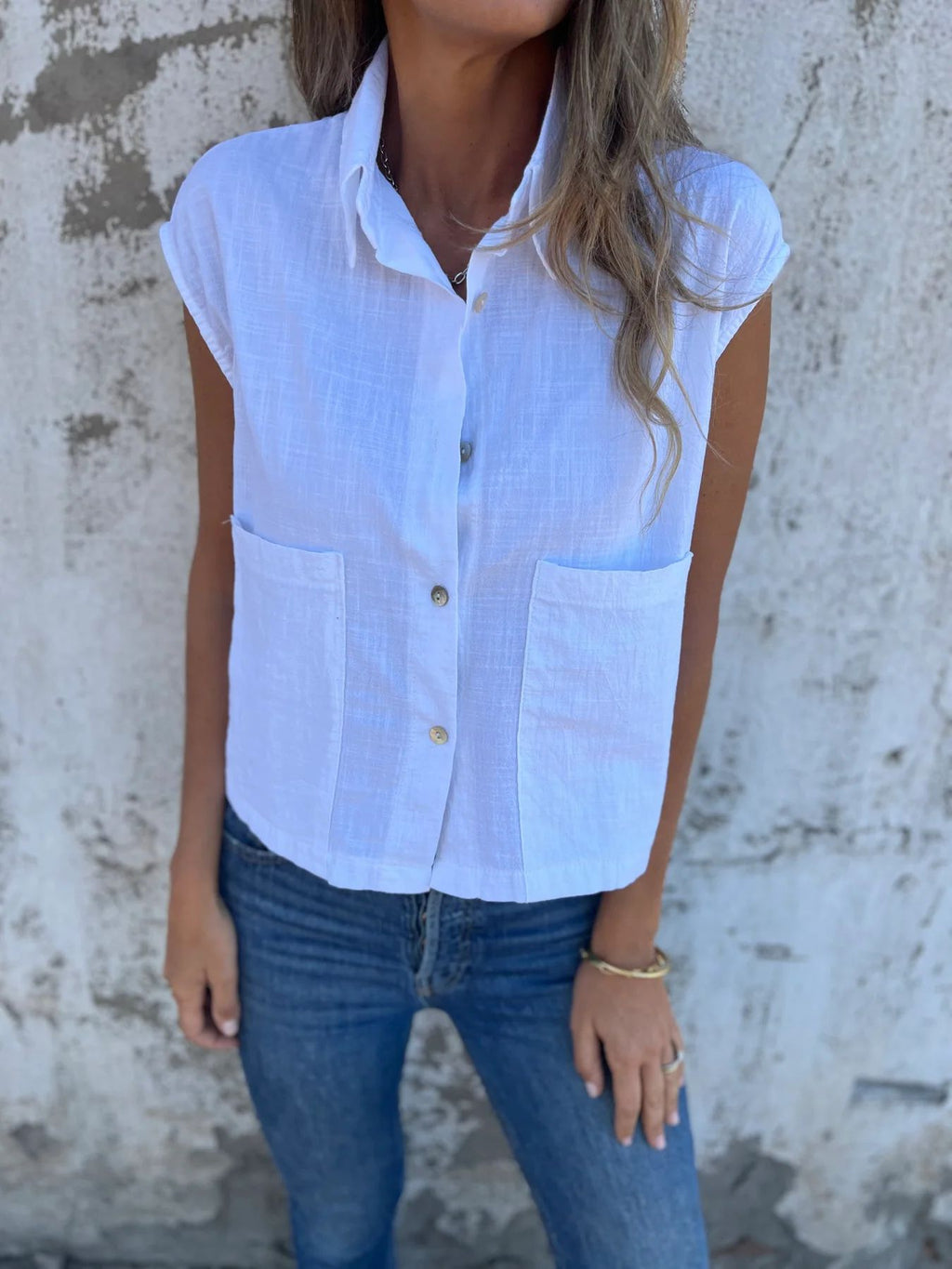 Cap Sleeve Patch Pocket Linen Shirt - White - 3