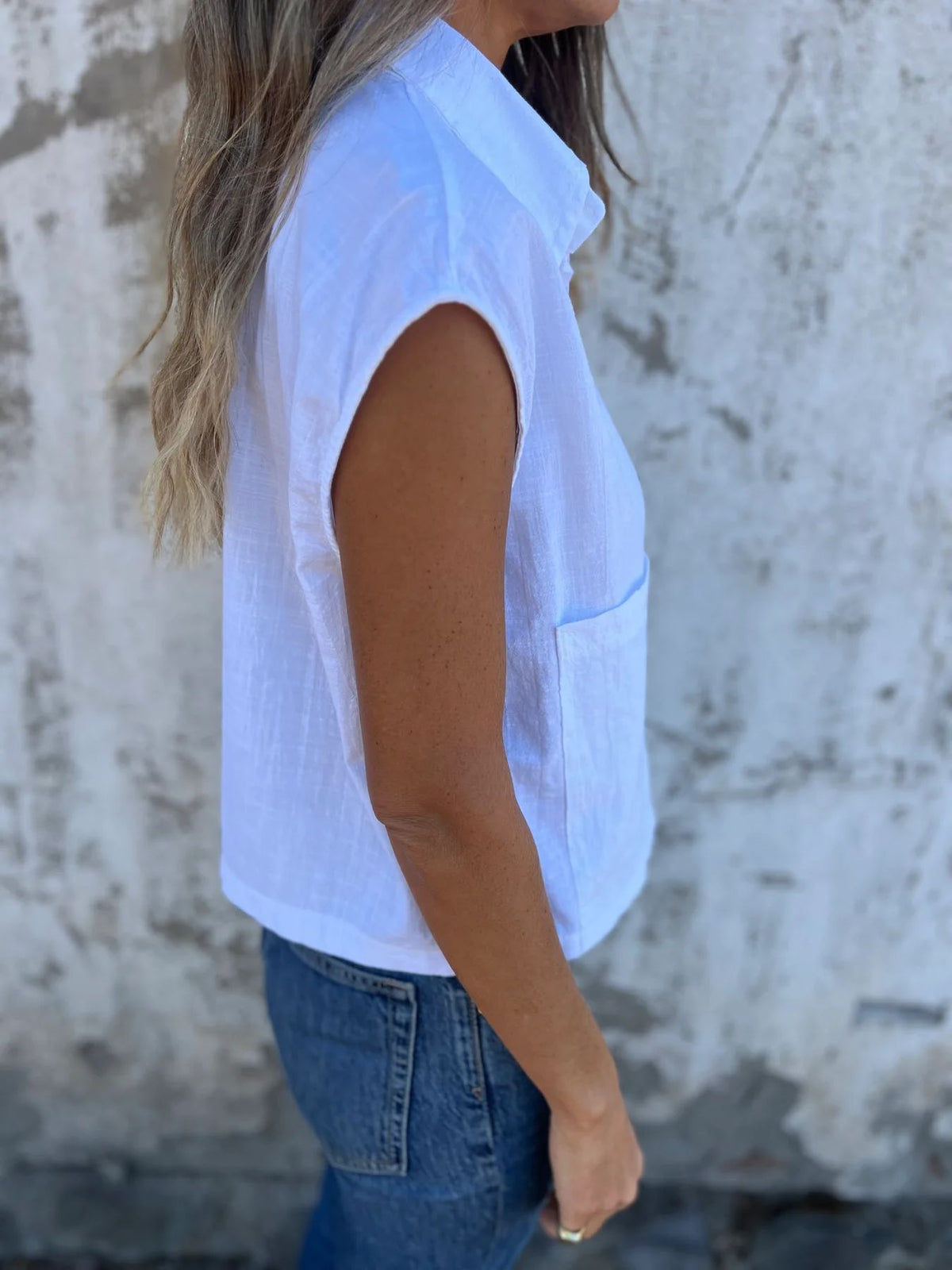 Cap Sleeve Patch Pocket Linen Shirt - White - 5