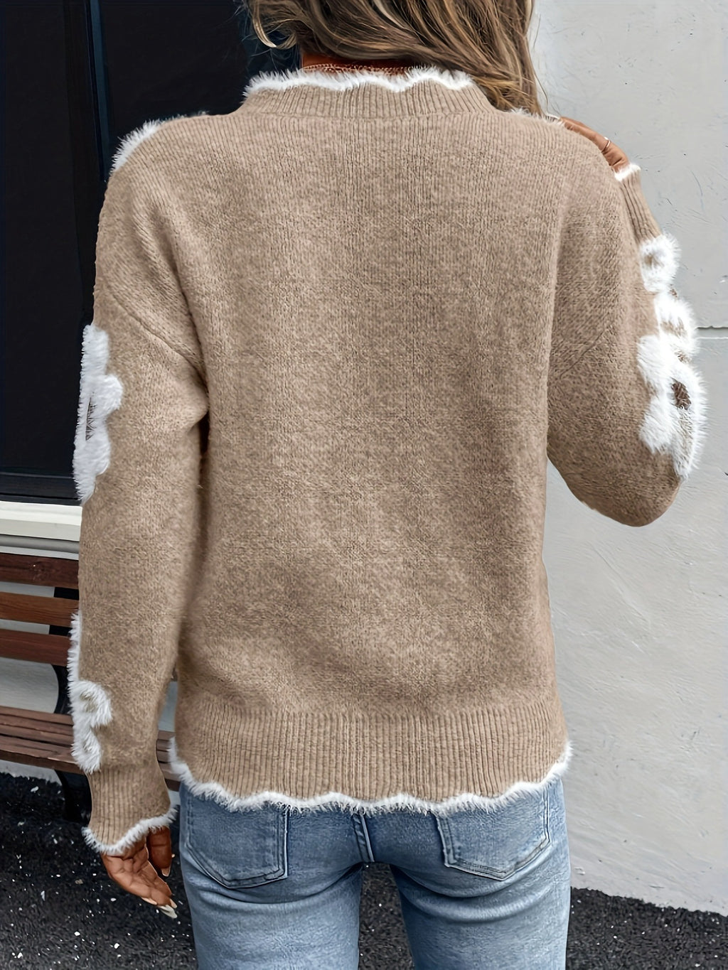 Fuzzy Daisy Scalloped V Neck Sweater