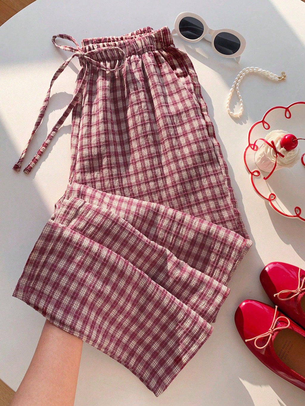 Gingham Plaid Drawstring Wide Leg Pants - Red