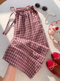 Gingham Plaid Drawstring Wide Leg Pants - Red