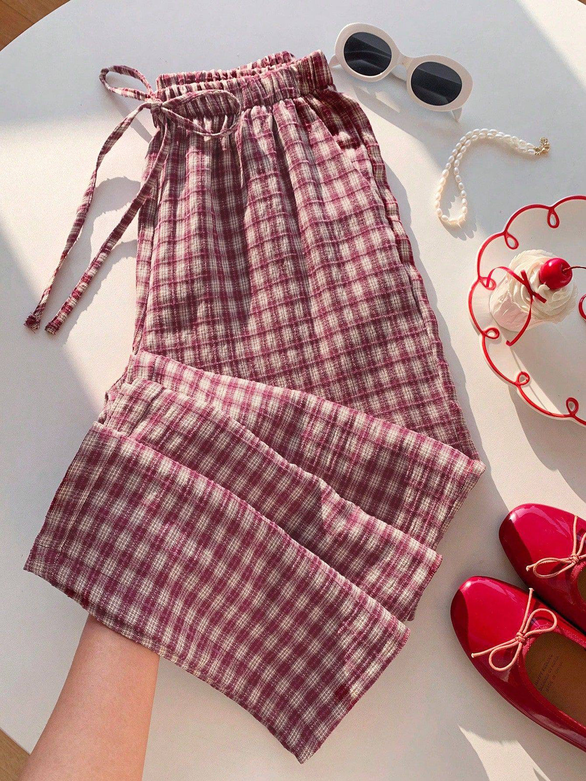 Gingham Plaid Drawstring Wide Leg Pants - Red