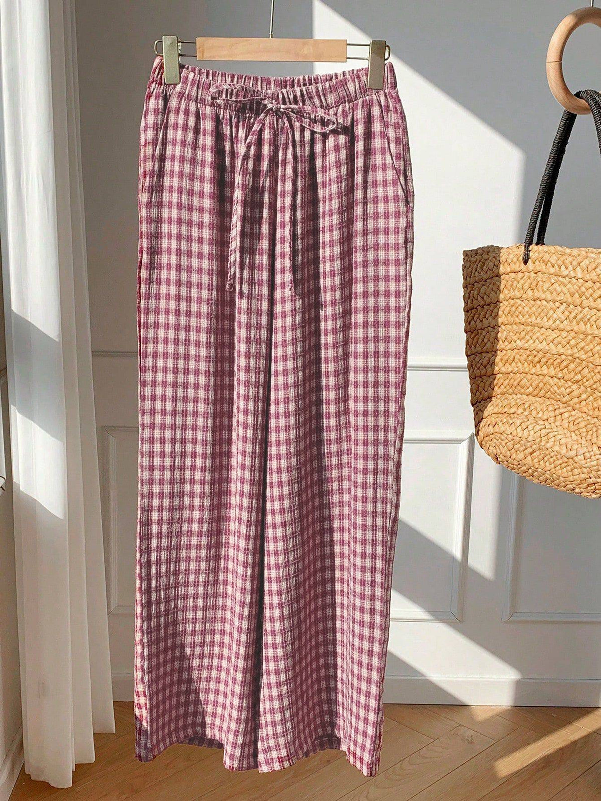 Gingham Plaid Drawstring Wide Leg Pants - Red - 1