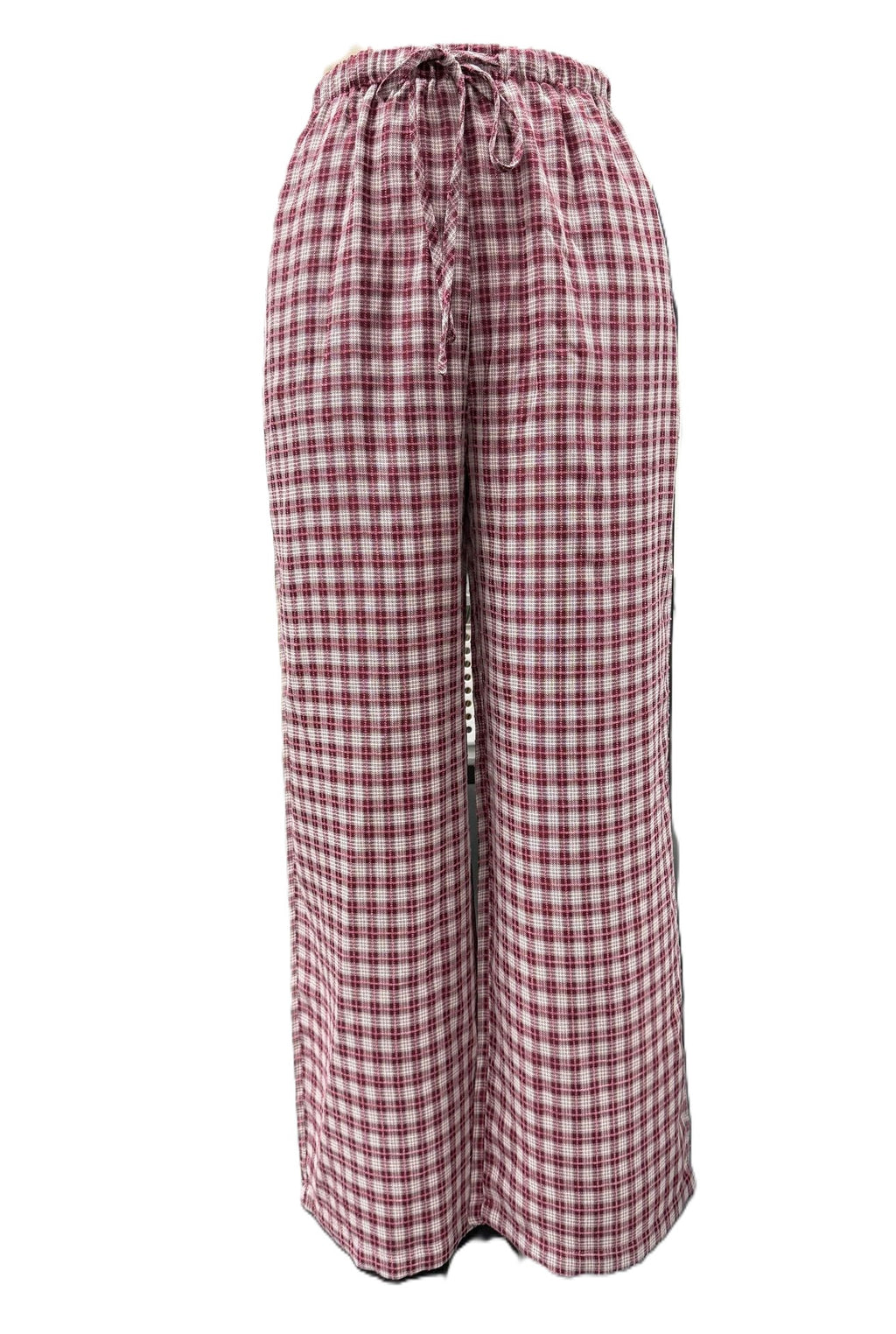 Gingham Plaid Drawstring Wide Leg Pants - Red - 2