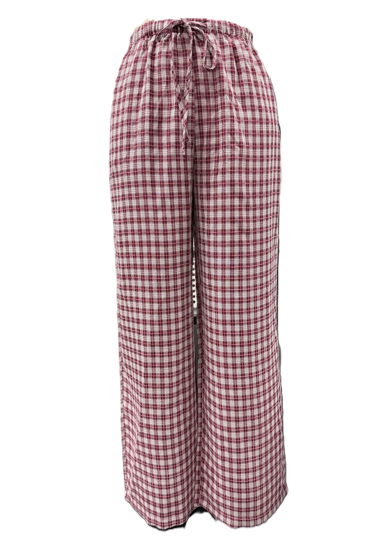 Gingham Plaid Drawstring Wide Leg Pants - Red - 2