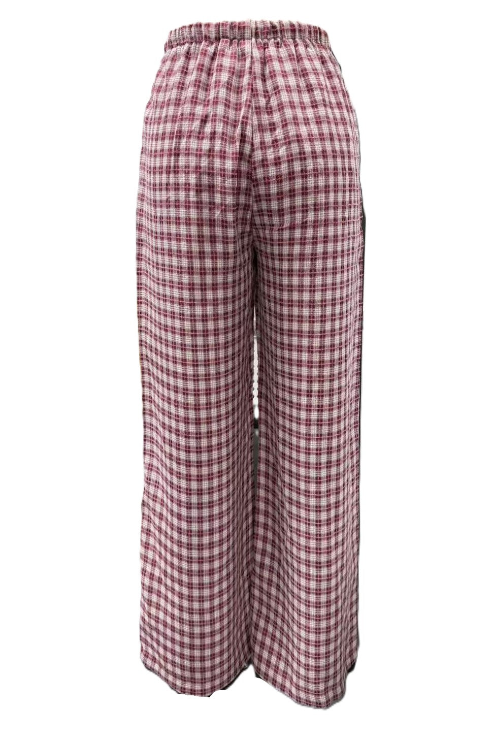 Gingham Plaid Drawstring Wide Leg Pants - Red - 3