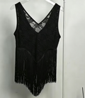 Fringe Hem Floral Lace Tank Top - Black