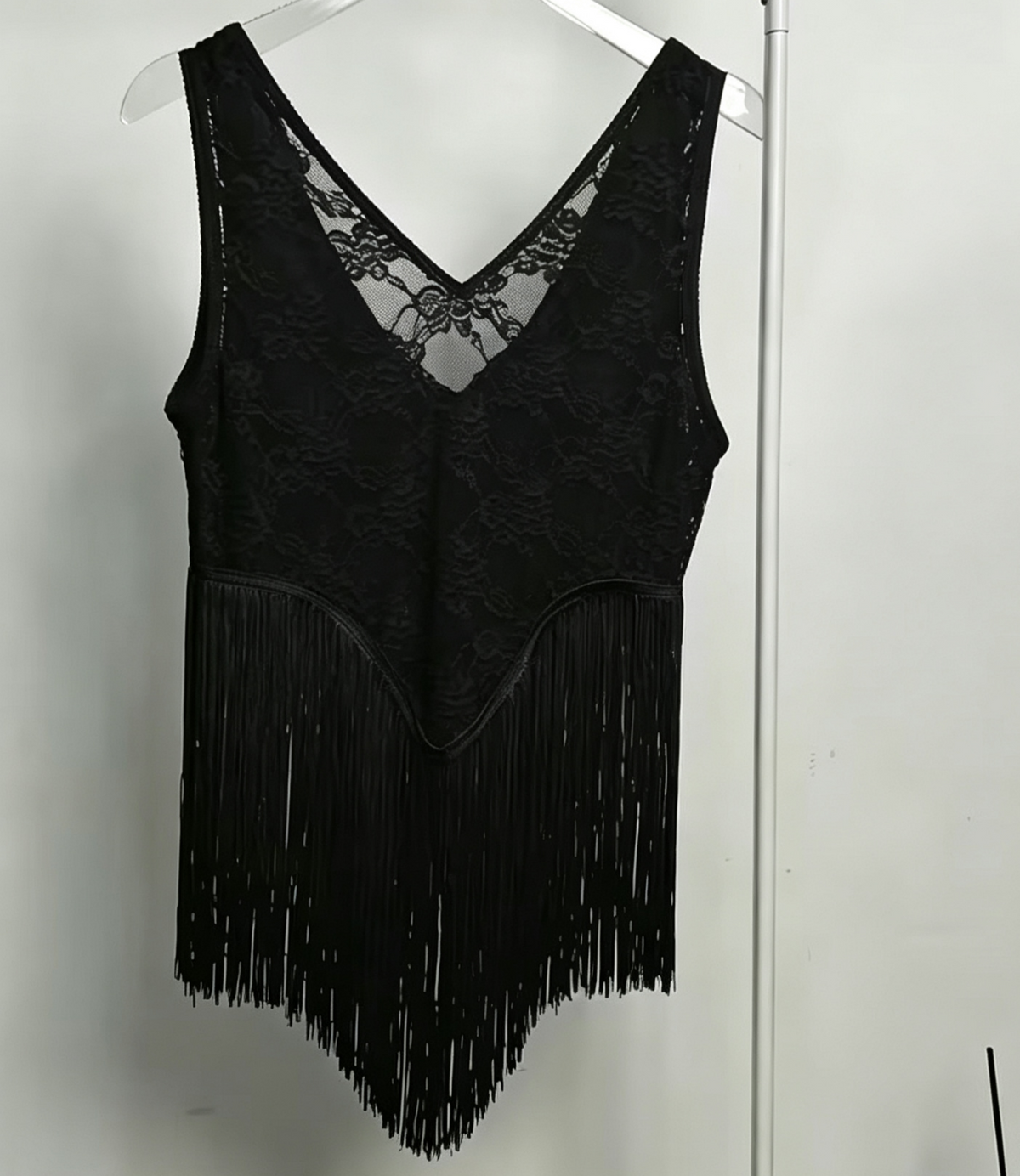 Fringe Hem Floral Lace Tank Top - Black