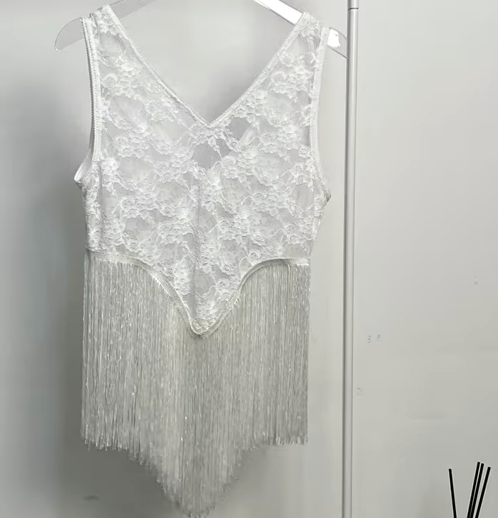 Fringe Hem Floral Lace Tank Top - White - 2
