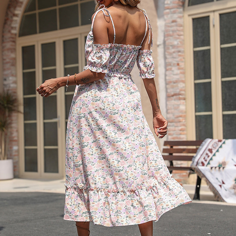Ditsy Floral Cold Shoulder Midi Dress - Pink - 5