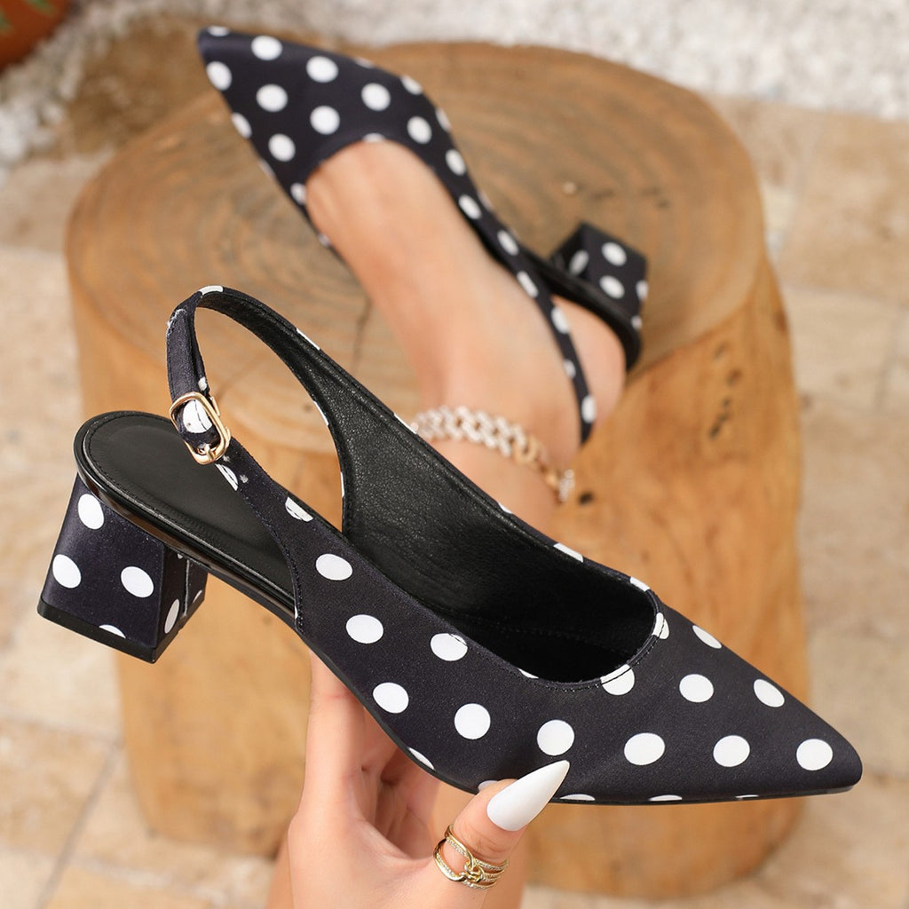 Polka Dot Satin Slingback Block Heel Pumps - Black
