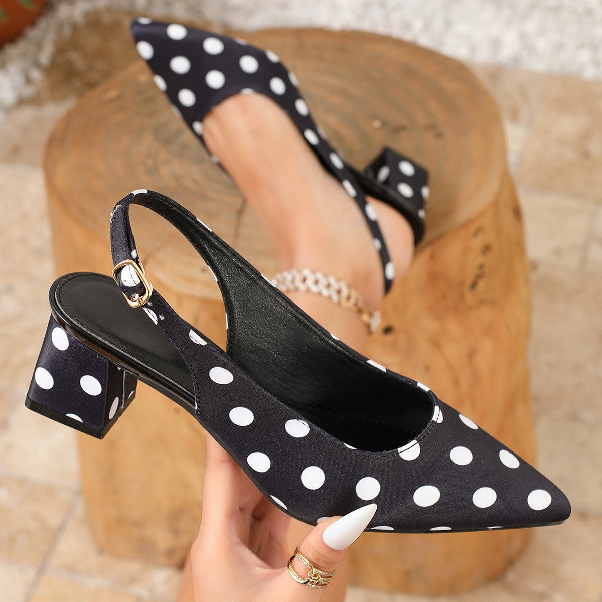 Polka Dot Satin Slingback Block Heel Pumps - Black