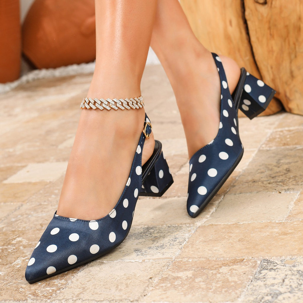 Polka Dot Satin Slingback Block Heel Pumps