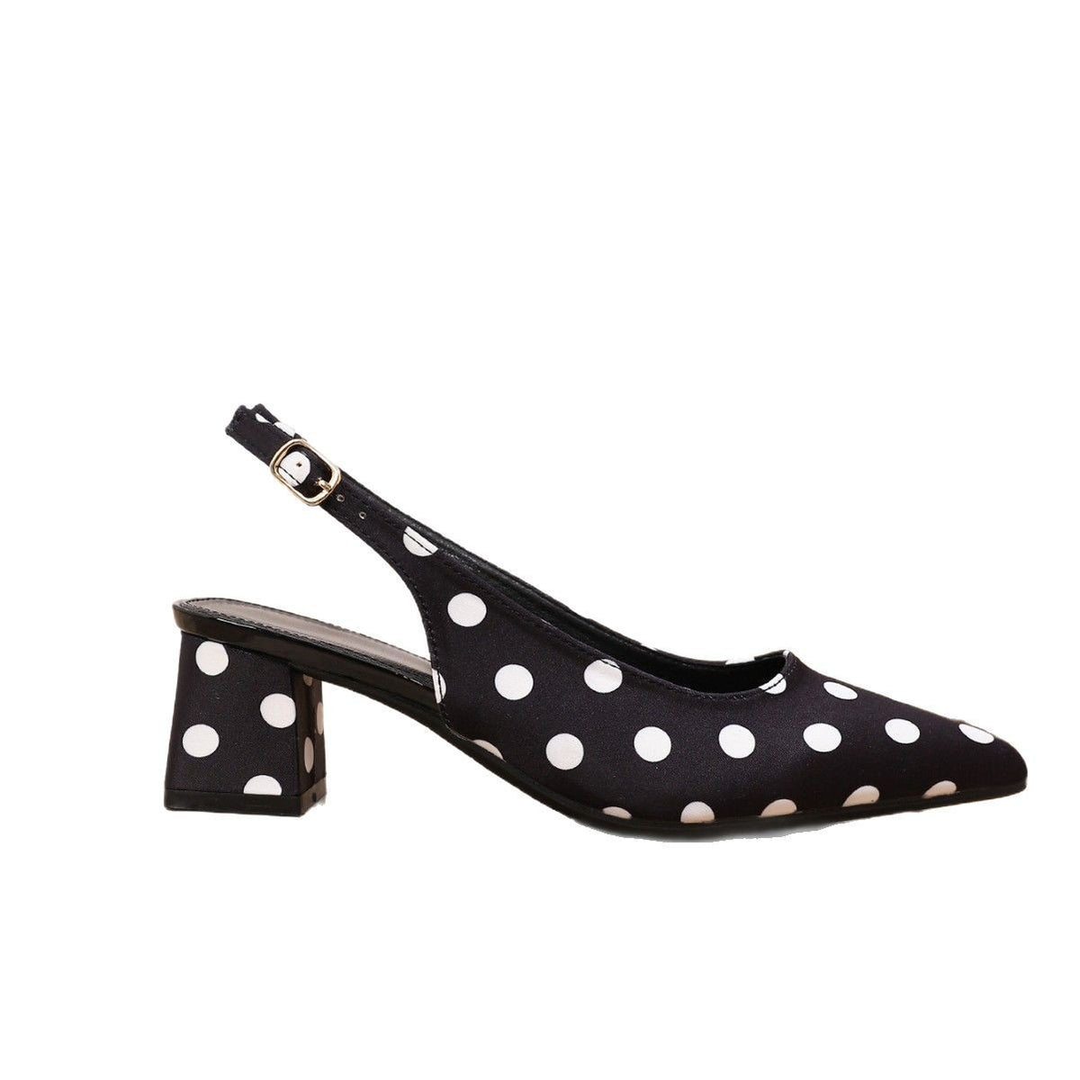 Polka Dot Satin Slingback Block Heel Pumps