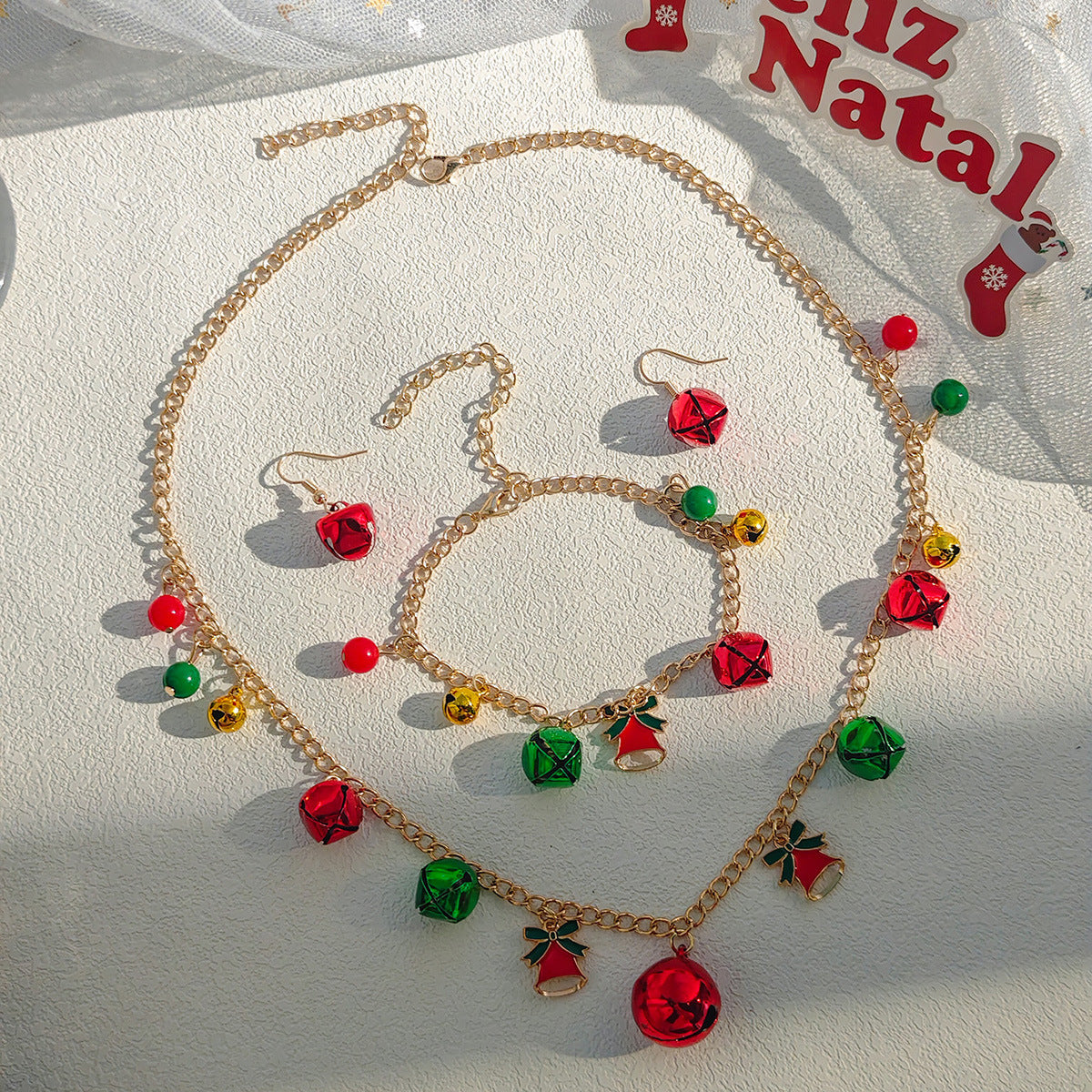 Christmas Jingle Bell Necklace Bracelet Earrings Set - Bell - 1
