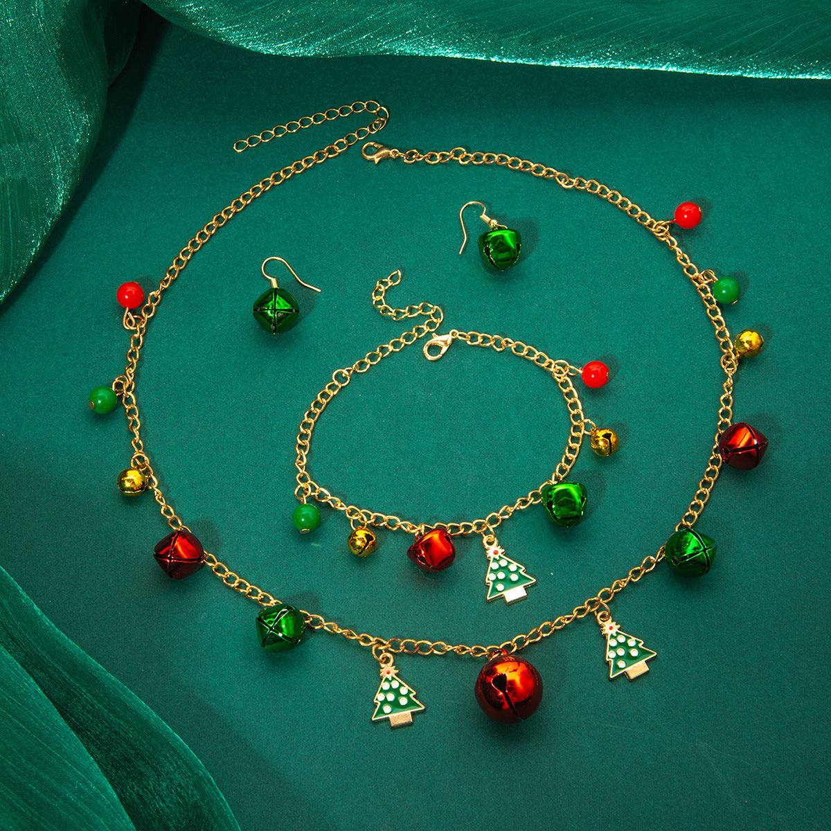 Christmas Jingle Bell Necklace Bracelet Earrings Set - Tree