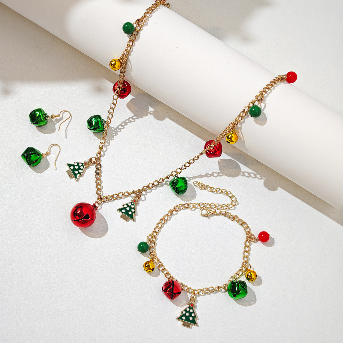 Christmas Jingle Bell Necklace Bracelet Earrings Set - Tree - 1