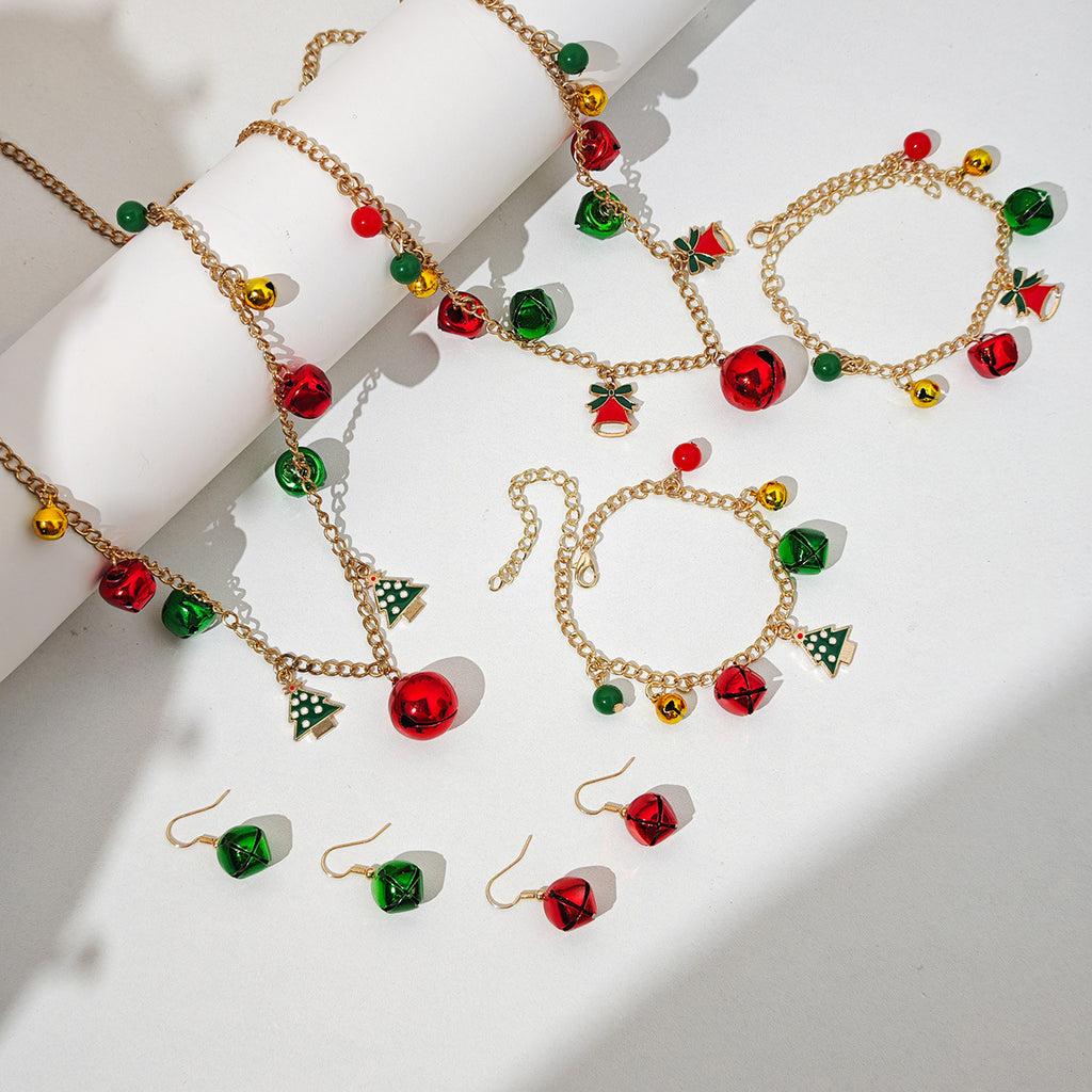 Christmas Jingle Bell Necklace Bracelet Earrings Set - Tree - 2