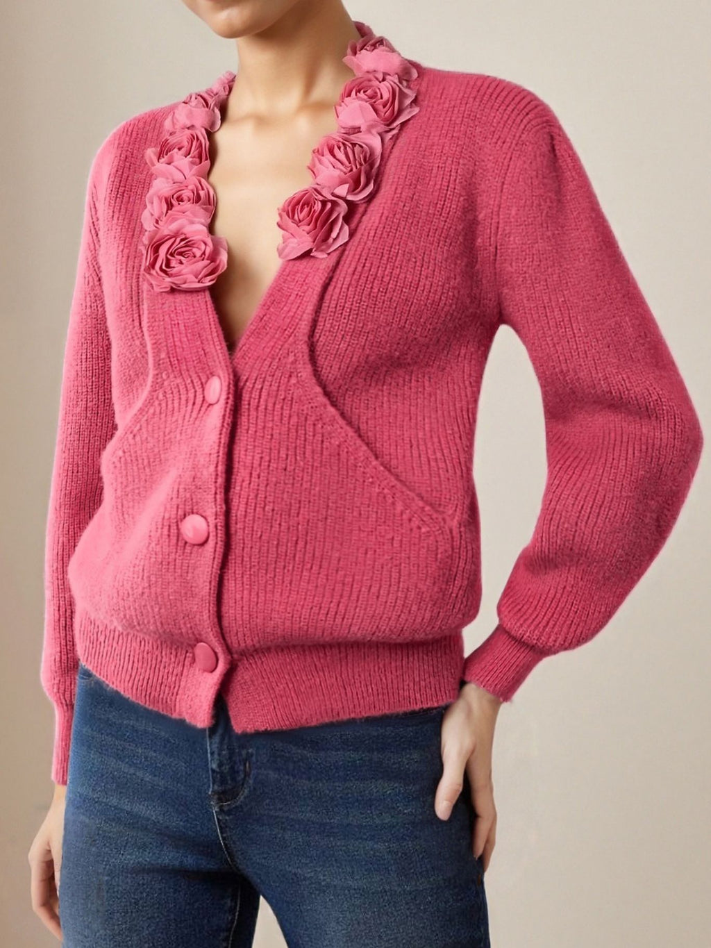 Rosette Collar Button Front Knit Sweater - Rose