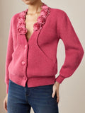 Rosette Collar Button Front Knit Sweater - Rose