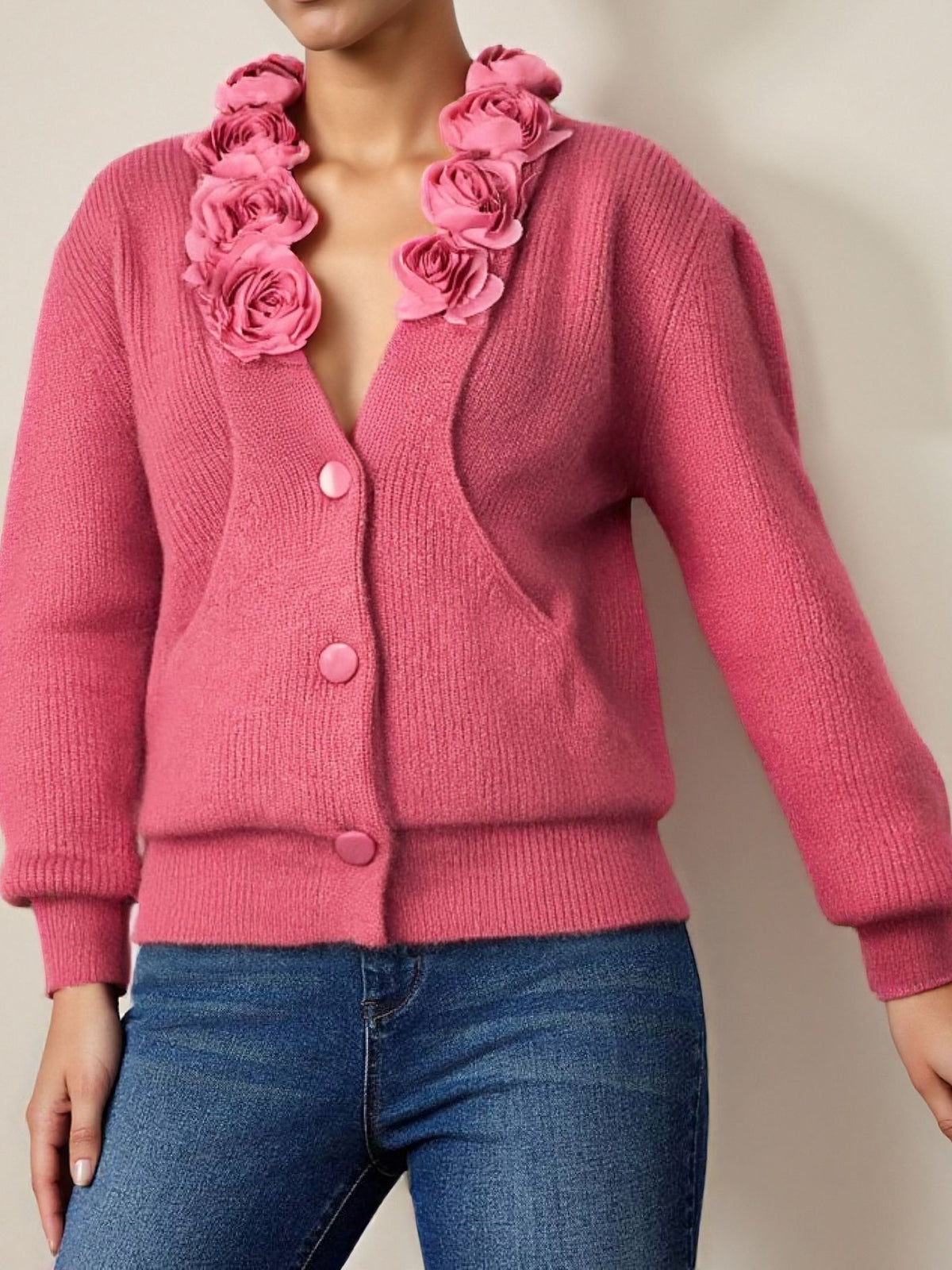 Rosette Collar Button Front Knit Sweater