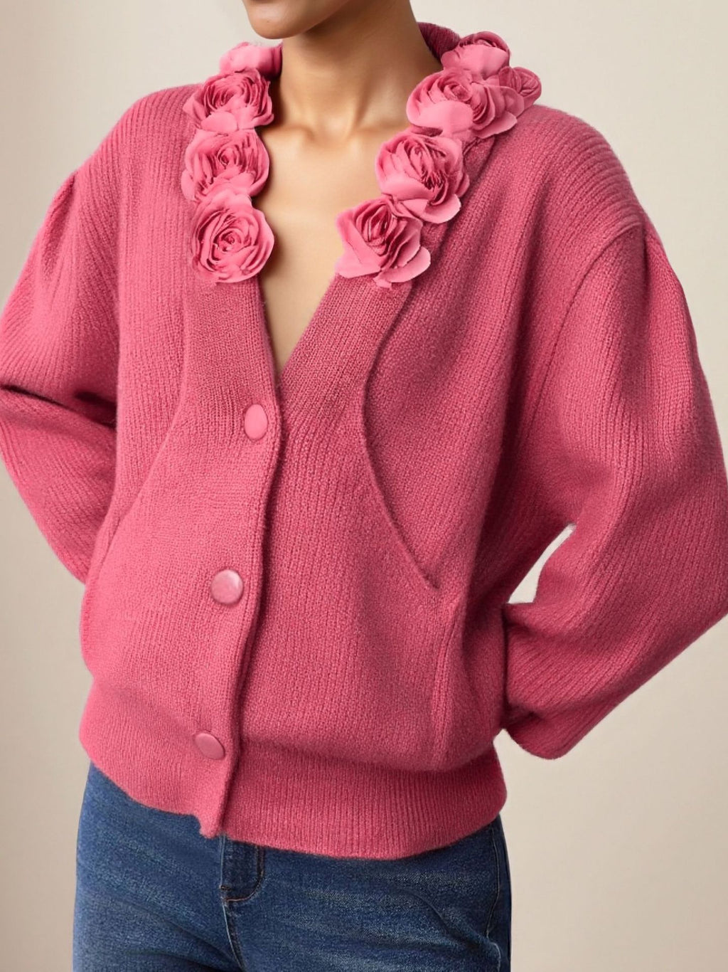 Rosette Collar Button Front Knit Sweater - view 3