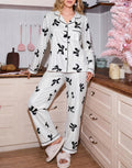 Piped Bow Print Two Piece Pajama Set - White