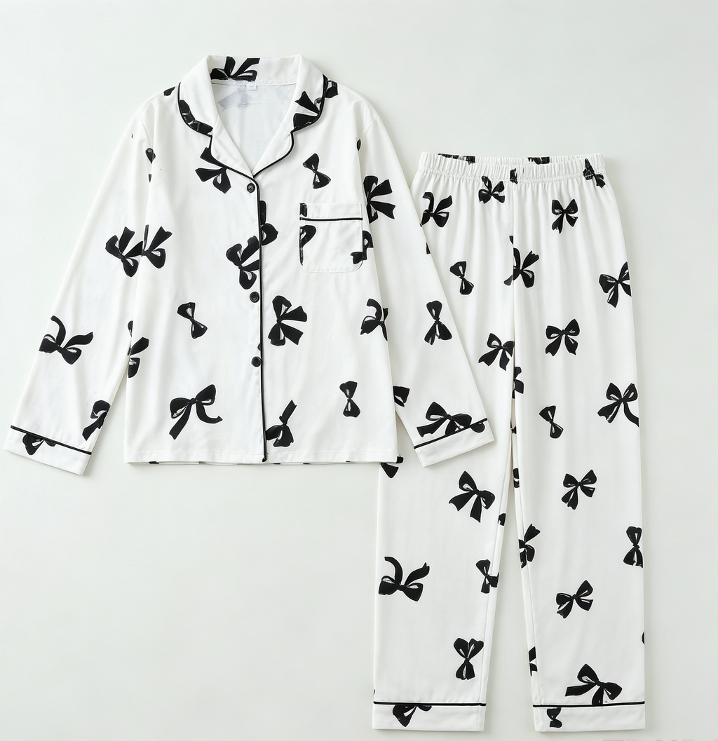 Piped Bow Print Two Piece Pajama Set - White - 1