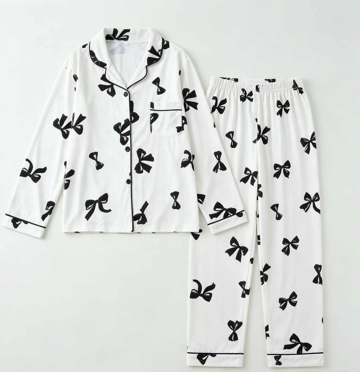 Piped Bow Print Two Piece Pajama Set - White - 1